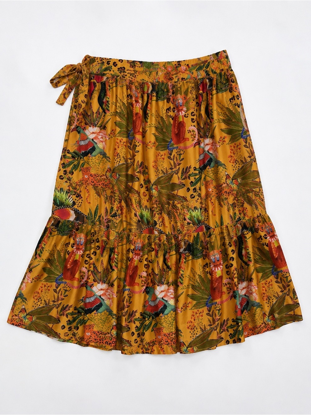 Rachel Zoe Tropical Animal Print Tiered Midi Skirt Mustard Yellow Size Small - Picture 4 of 6
